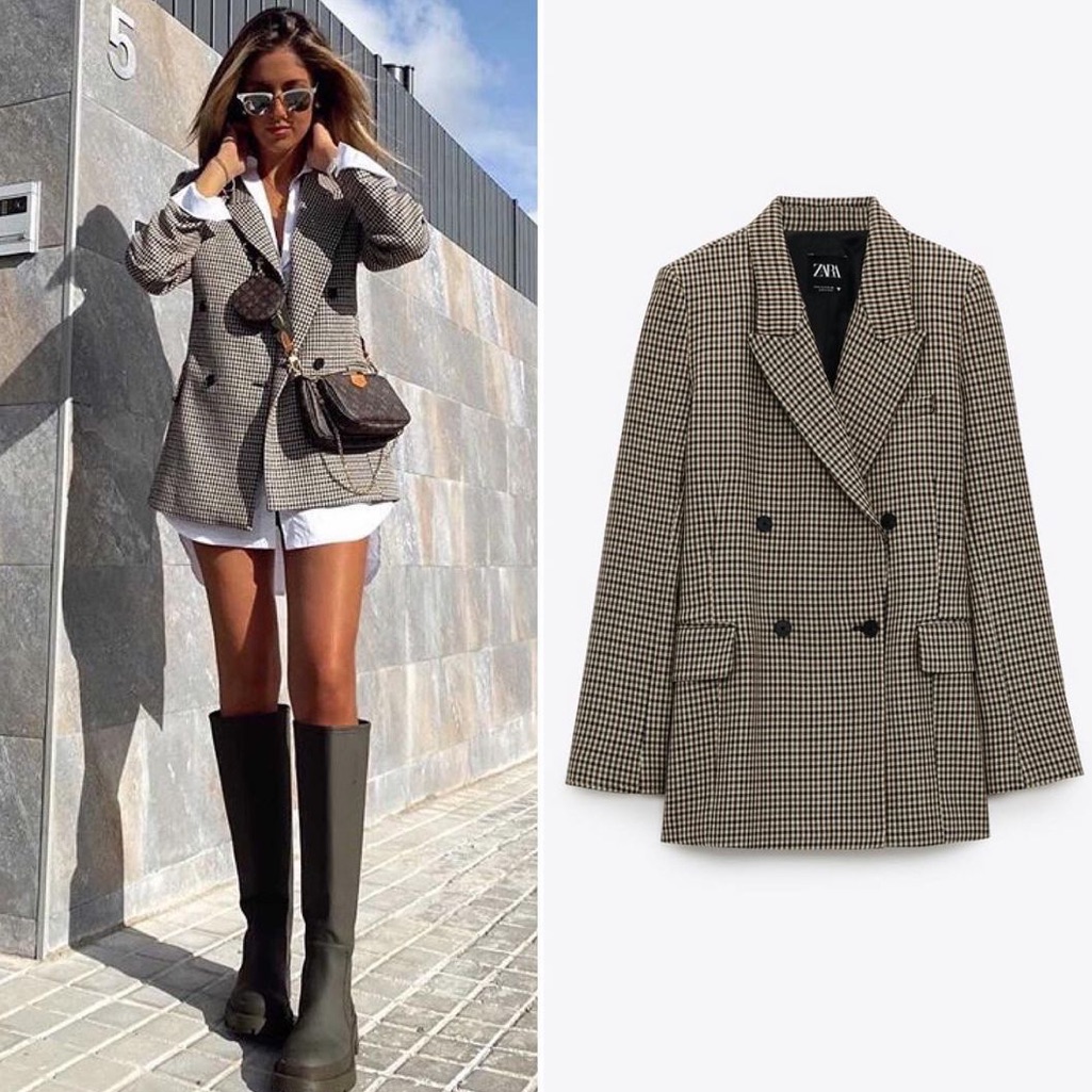 Zara Plaid Double Breasted Blazer S